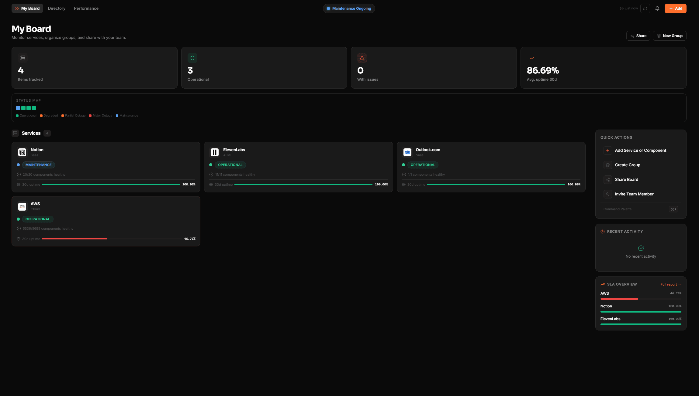 PulsAPI unified dashboard showing cloud vendor status across categories